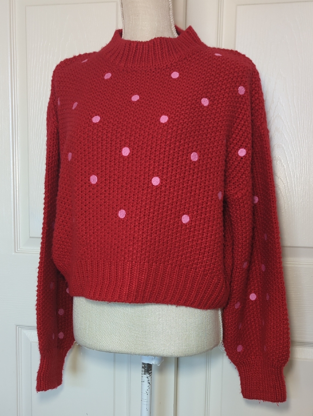 Red Polka Dot Knit Sweater - Women's Casual Pullover - Picture 2 of 8